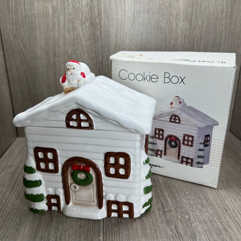 The Cooks Bazaar Vtg Ceramic Cookie Box Santa House Christmas Collectible White